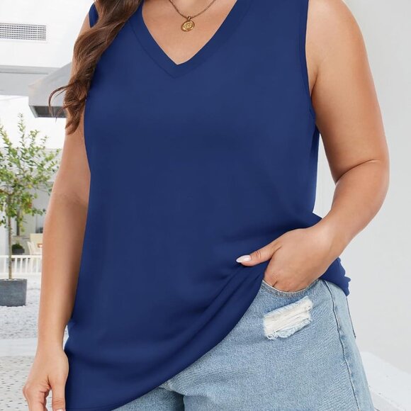 Plus Size Tanks Women Summer Top V Neck Sleeveless Top Loose Fit Tee Workout Shi - Picture 3 of 8